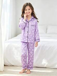 2pcs Tween Girl Purple Butterfly Print Long Sleeve Pajama Set - Multicolor - View 6