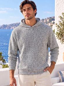1pc White Hooded Pullover Sweatshirt For Men, Jacquard Knit Fabric, Loose Fit, Versatile Outerwear For Spring And Autumn, Lazy Vacation Style, Short Trip Holiday Walking Outfit, Boyfriend Style Top - White - View 2