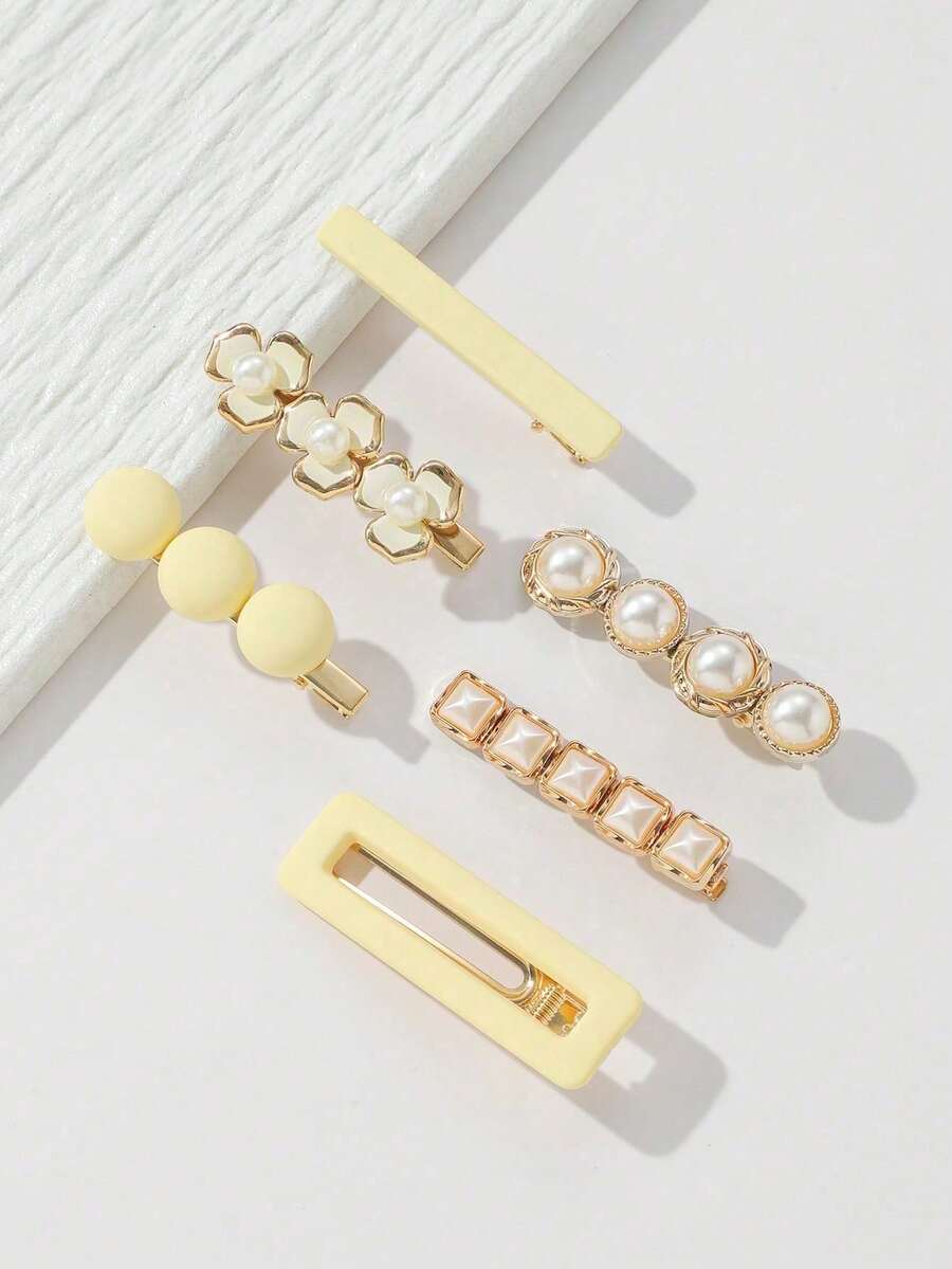 6件組女款多色組合原創高端髮夾,適合日常使用 - 米色 - 查看 1