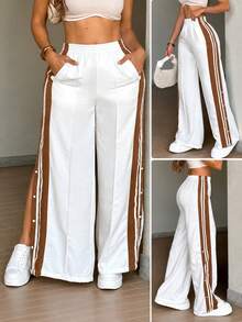 Striped Loose New Casual Brand Sporty Straight Leg Wide Leg Pants - White - View 7