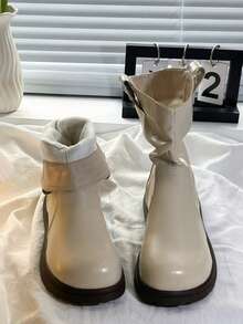 Women's Slouch Mid-Calf Boots, Round Toe, Thick Flat Sole, Heart Embossed, Pull-On, Beige Fashion Boots - Beige - View 4