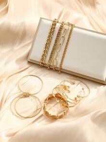 10pcs Fashion Minimalist Old Money Style Stackable Vintage Design Round Coin Cuban Chain Bracelet Set For Women, Date Party Ball Birthday Holiday Gift, Daily Versatile - Yellow Gold - View 6