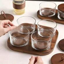 1‑Piece Wooden Tray & Glass Small Bowl Set With Lids, , Home Kitchen Tabletop Decor, Clear Glass Containers With Handle Lid, Multi Compartment Decorative Tray For Kitchen Counter, Tabletop Decor, Snack Organizer - Maroon - View 3