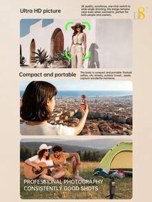 D8 Pocket Camera, 2K HD Video Recorder, Autofocus, Compact Mini Body, Rotating Machine Head, Tripod Support For Stable Shooting, Photo Album Playback, Built-In Stereo, Portable Vlogging Camera For Travel Outdoor Daily Recording - View 6