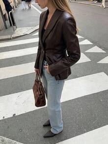 Women's Fashion Deep Brown PU Leather Gold Button Overlap Collar Design Jacket, Autumn/Winter - Chocolate Brown - View 4