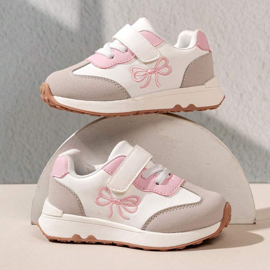 Spring/Autumn Girls' Sweet Bow Knot Leather Upper Hook & Loop Easy On/Off Soft Sole Toddler Sports Shoes - Pink - View 1
