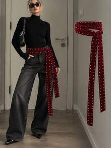1pc Burgundy Extra Long Ribbon Studded Decor Women's Belt - Cool European Punk Style Bowknot Dress Accessory - Burgundy - View 4