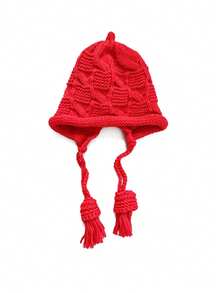 Autumn/Winter Baby Knitted Earflap Hat, Cable Knit Tassel Children's Beanie, 2-9 Years Old Girls Versatile Hat - Multicolor - View 12