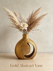 1 Golden Abstract Hollow Resin Vase, Radiating Textured Decorative Vase, Modern Bohemian Tabletop Home Decor, Suitable For Living Room, Hallway, Bedroom, And Dining Room Decoration, Perfect As A Housewarming Gift - Earthy Gold Moon Vase - View 5