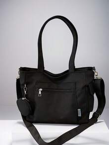 New Fashion Minimalist Casual Tote Bag For Women, Solid Color Large Bag - Black - View 1