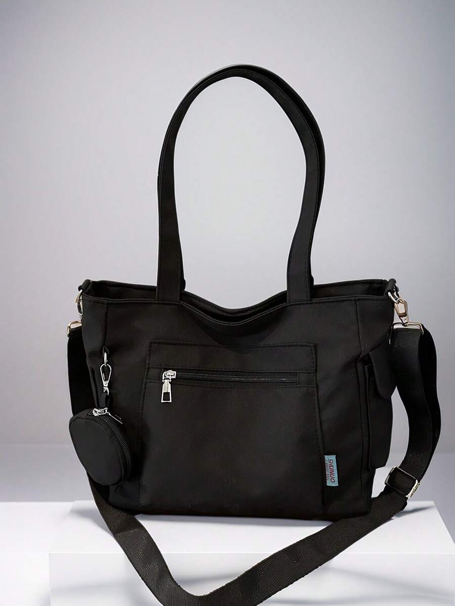 New Fashion Minimalist Casual Tote Bag For Women, Solid Color Large Bag - Black - View 1
