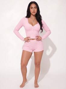 2pcs Women's Round Neck Long Sleeve Top + Elastic Waist Shorts Pajama Loungewear Set - Pink - View 9
