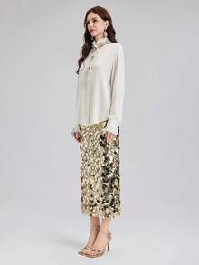 Rich Radi Q's Women's Elegant White Ruffle Collar Blouse, Rhinestone Embellished, Long Sleeve Woven Fabric Top, Fashionable Autumn Outfit - White - View 5