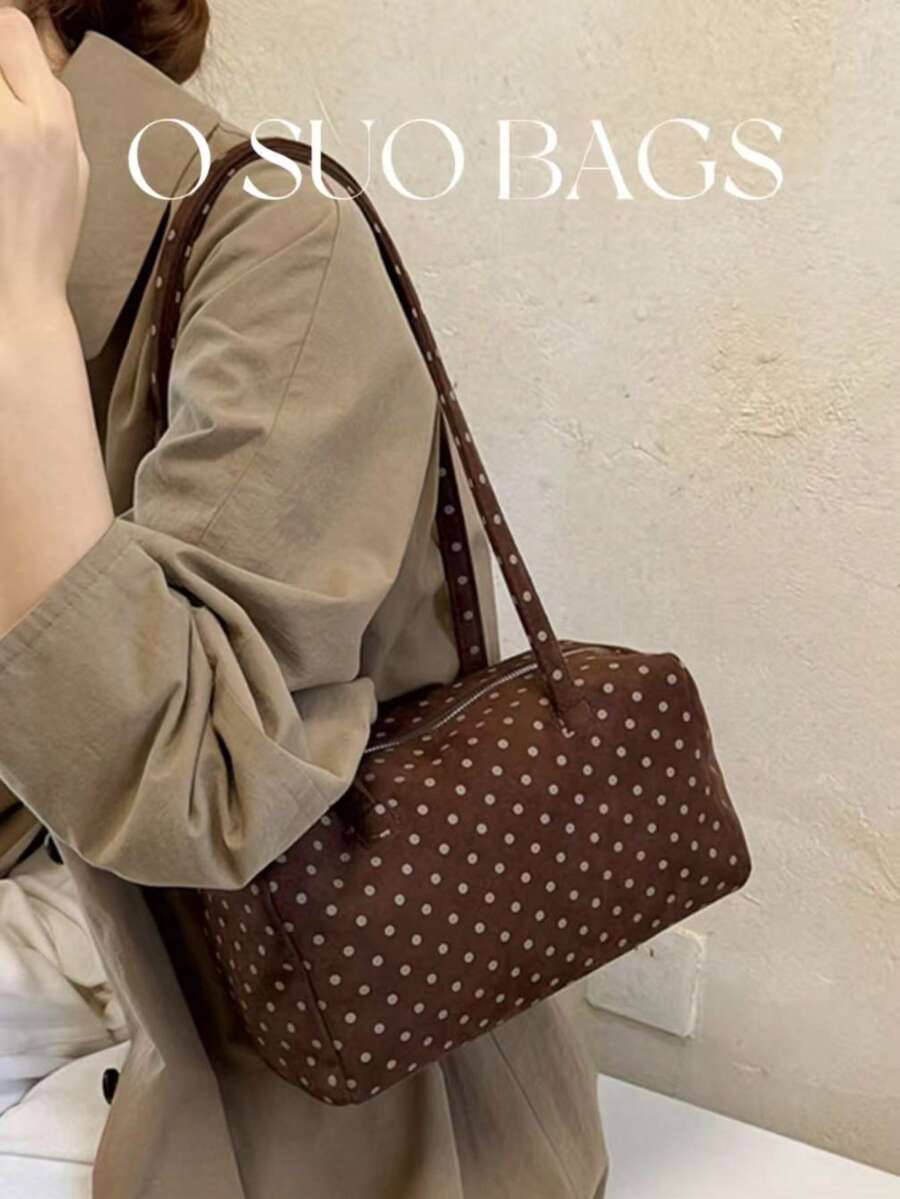 秋冬新款波點圖案裝飾仿麂皮波士頓女款包，大容量輕量可折疊單肩托特包，復古百搭通勤包，適合日常使用與戶外活動