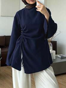 Women's Fashion Casual Round Neck Bell Sleeve Hem Split Tie Drawstring Design Waist Cinched Top Solid Color Tie Split Drawstring Zipper Pullover Top Daily Date Autumn Winter - Royal Blue - View 6