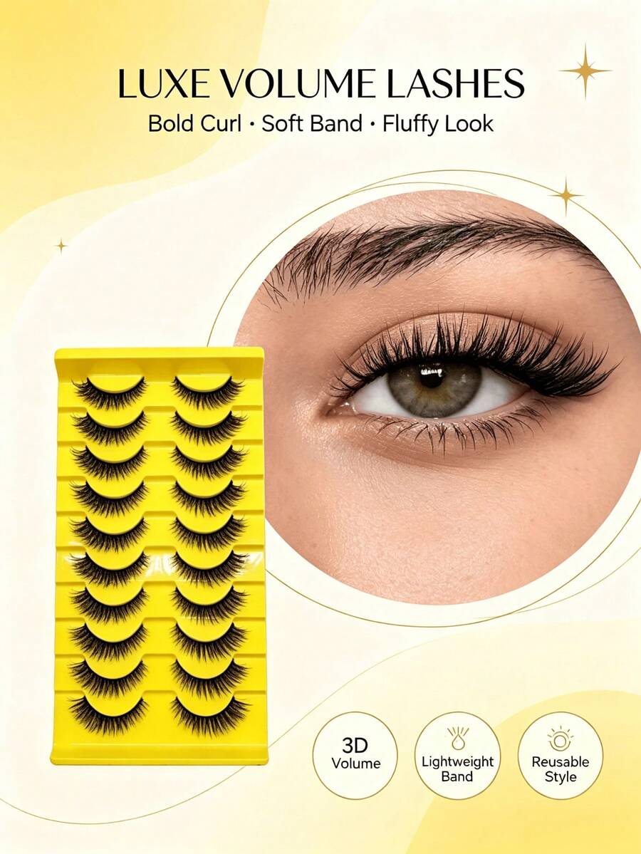 10 Pairs Natural Soft False Eyelashes, Fluffy & Fine, Messy & Curly, Cross Full Strip Style, Suitable For Daily, Party, Dating And Other Occasions - Multicolor - View 1