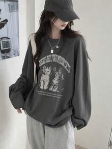Kaos Lengan Panjang Wanita Model Longgar dengan Motif Huruf & Kucing, Serbaguna untuk Gaya Kasual Musim Semi dan Gugur - Dark Grey - View 2