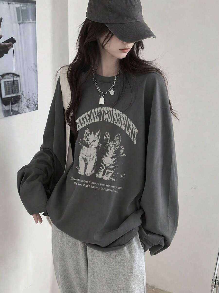 Kaos Lengan Panjang Wanita Model Longgar dengan Motif Huruf & Kucing, Serbaguna untuk Gaya Kasual Musim Semi dan Gugur