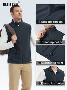 KEFITEVD Men's Fleece Vest Full Zip Sleeveless Jacket, Soft Warm Lightweight, Stand Collar Drawstring Hem, 4 Pockets, Suitable For Hiking Camping Fishing Golf - Navy Blue - View 3