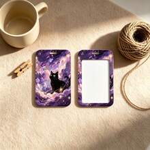 1 Piece Purple Galaxy Black Cat Print Lanyard With Card Holder, Mystic Starry Sky ID Badge Holder Neck Strap For Student Office Work Card, Lovely Gift - Multicolor - View 3