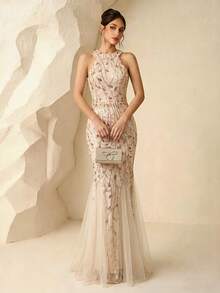 Round Neck Off-Shoulder Leaf Pattern Elegant Sequin Mesh Patchwork Mermaid Long Dress For Wedding Party Formal Evening Event All Seasons - Apricot - View 3