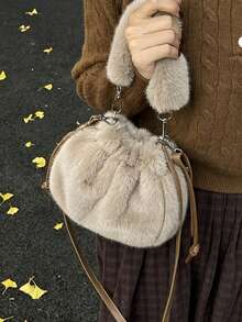 Handbag. Gentle Drawstring Closure Small Bag, Unique Plush Handheld Design, Detachable Hook Structure, Drawstring Opening For Easy Access To Items, Compact And Lightweight Body, Soft And Eye-Catching Style, Easily Create An Atmospheric Outfit. - Khaki - View 3