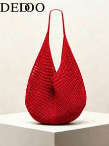 Dedoo Red Hollow Mesh Knit Bohemian Shoulder Bag, Large Water-Drop Shaped Cutout Woven Tote Bag With Slim Integrated Long Handle - Red - View 2