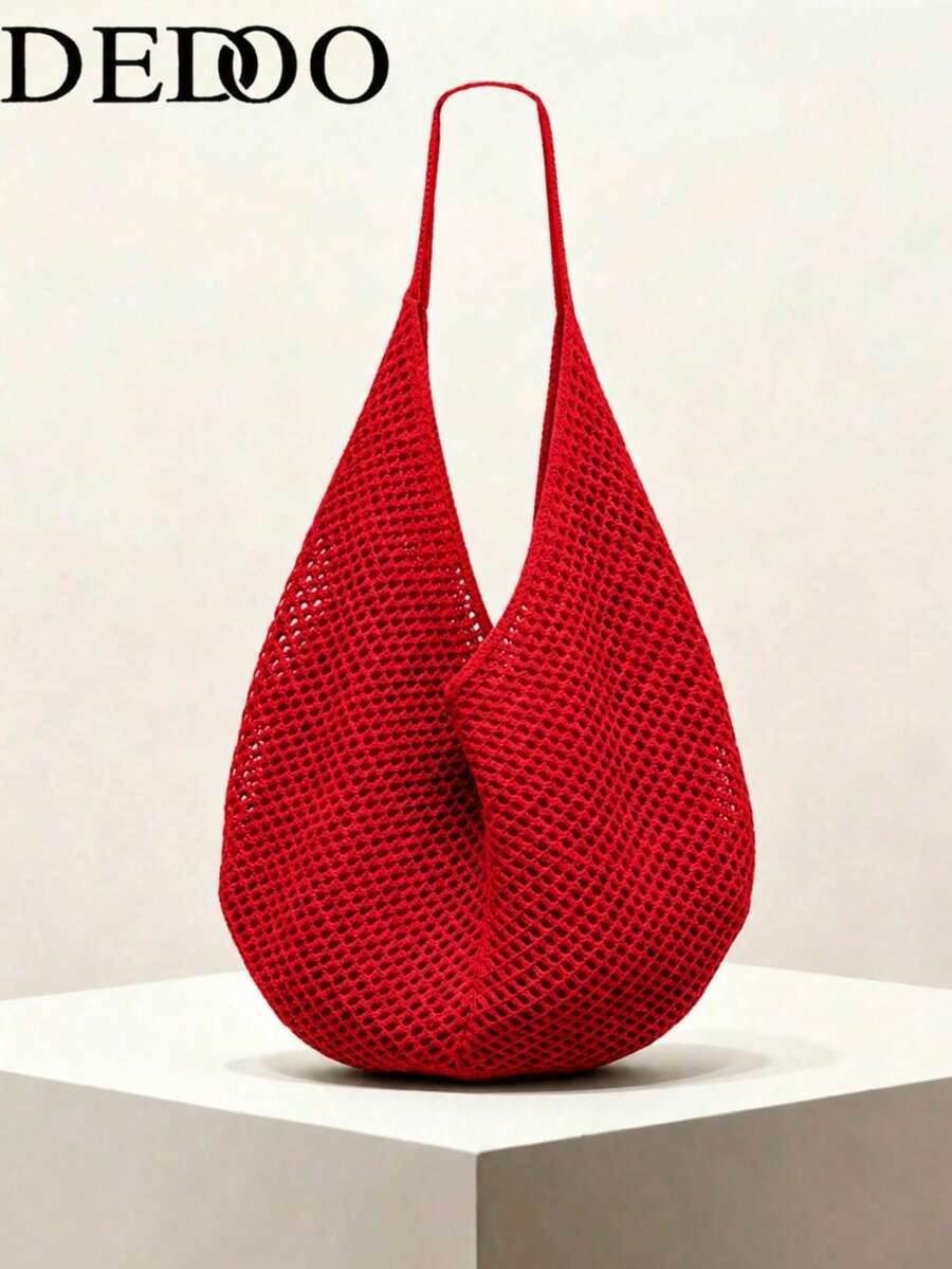 Dedoo Red Hollow Mesh Knit Bohemian Shoulder Bag, Large Water-Drop Shaped Cutout Woven Tote Bag With Slim Integrated Long Handle