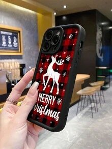 1pc Vintage Christmas Red & Black Plaid Deer Snowflake Letter Pattern Thick Anti-Drop Full Coverage Soft Phone Case Compatible With IPhone 11/12/13/14/15/16/17 Pro Max - Multicolor - View 5