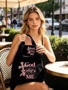 Women's Slogan Cross Pattern Large Capacity Tote Bag - Multicolor - View 3