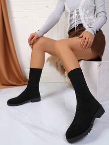 Sepatu Bot Vintage Wanita, Sepatu Bot Musim Semi/Musim Gugur, Sepatu Bot Model Kaus Kaki Gaya Inggris, Sepatu Bot Setinggi Mata Kaki Datar - Hitam - View 1