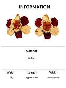 1 Pair Luxury Vintage Red Floral Earrings, Asymmetrical Metal Hammered Texture Large Flower Colorful Bead Stud Earrings Accessories - Burgundy - View 6