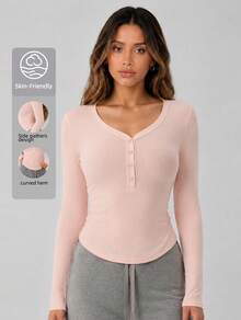 Never me Women's Sports T-Shirt Ribbed V-Neck Button Waist Gathered Curved Hem Yoga Long Sleeve - Pink - View 3