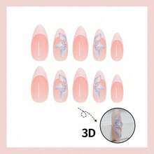 24pcs (Random Style) Long Almond Floral Nail Stickers, French Acrylic Material, Perfect Fit - Multicolor - View 6