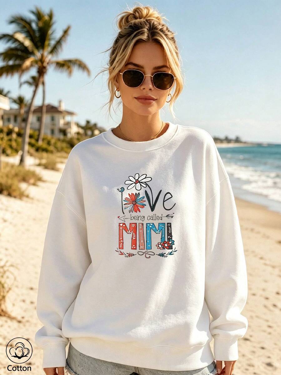 I Love Being Called MIMI Hand-Painted Daisy Print Sweatshirt White Casual Round-Neck Pullover - White - View 1