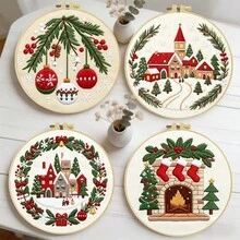 Embroidery Set, 20x20cm/7.9x7.9 Inches, Christmas Castle, 2D Flat Printing Handmade DIY Beginner Embroidery Set, Including Embroidery Cloth,Instruction Manual,Embroidery Frame And Needle And Thread, Handmade Artwork As A Gift For Friends Or Famil - 20x20cm/7.9x7.9 In - View 2