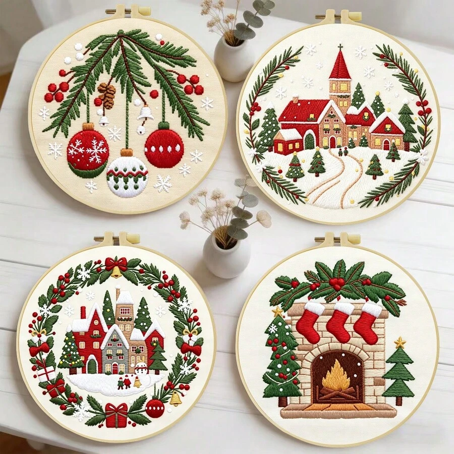 Embroidery Set, 20x20cm/7.9x7.9 Inches, Christmas Castle, 2D Flat Printing Handmade DIY Beginner Embroidery Set, Including Embroidery Cloth,Instruction Manual,Embroidery Frame And Needle And Thread, Handmade Artwork As A Gift For Friends Or Famil