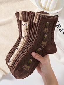 5 Pasang Kaos Kaki Cokelat Kopi Setengah Betis dengan Motif Beruang dan Bunga, Desain Rajutan Kabel, Elegan, Anti Selip, dan Nyaman, Cocok untuk Musim Gugur/Musim Dingin - MultiWarna - View 1