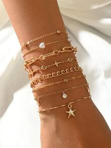 8pcs Gold Tone Chain Bracelet Set, Heart Star Cross Charm Bracelet With Faux Pearl Rhinestone Pendant, Dainty Layered Jewelry Women Daily Wear Gift - Gold - View 1