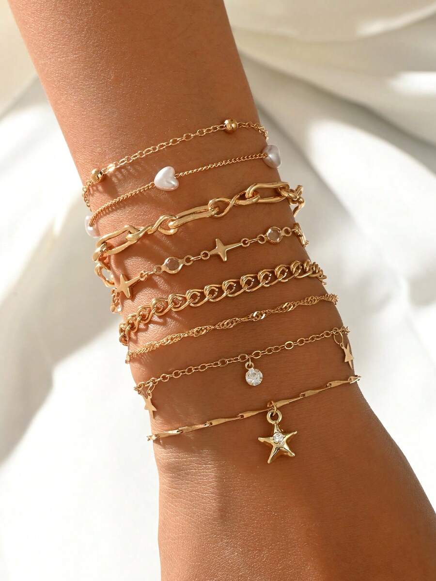 8pcs Gold Tone Chain Bracelet Set, Heart Star Cross Charm Bracelet With Faux Pearl Rhinestone Pendant, Dainty Layered Jewelry Women Daily Wear Gift - Gold - View 1