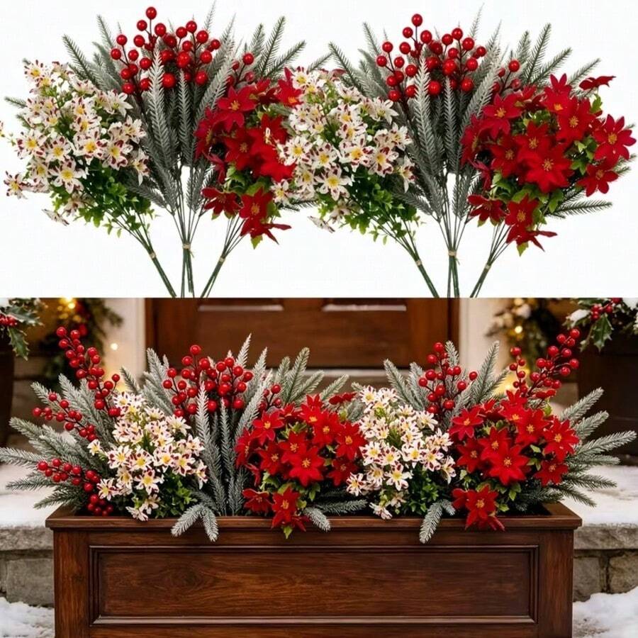 13pcs Red Poinsettia Berry Pine Needle Artificial Flower Branches ...