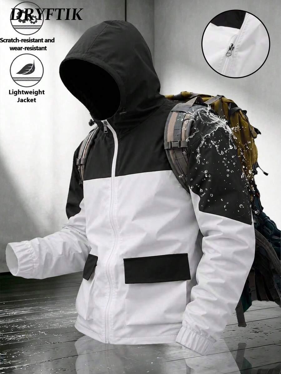 Men's Colorblock V-Shape Patchwork Hooded Jacket, Lightweight Outerwear With Zipper Pockets, Drawstring Adjustable Hood, Elastic Cuffs, Casual Sports Top, Spring/Autumn - Black - View 1