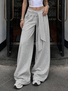 Casual Loose Drawstring Waist Gray Wide Leg Sweatpants, Comfortable Fit Slim Silhouette Sports - Light Grey - View 1
