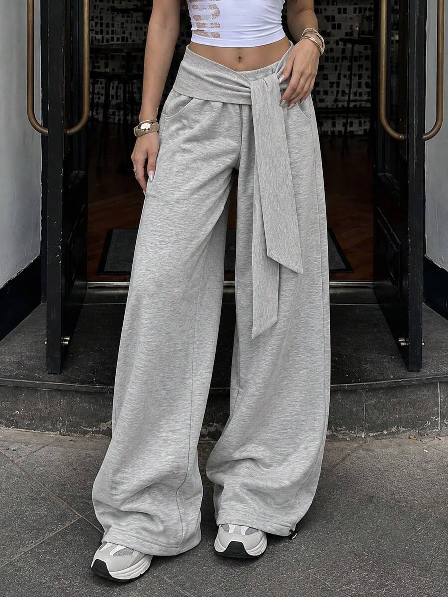 Casual Loose Drawstring Waist Gray Wide Leg Sweatpants, Comfortable Fit Slim Silhouette Sports - Light Grey - View 1
