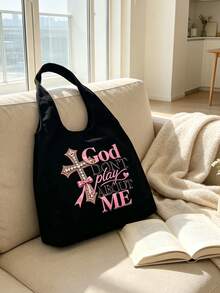 Women's Slogan Cross Pattern Large Capacity Tote Bag - Multicolor - View 6