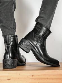 ZCZ Men's Embroidered Western-Style Ankle Boots, Pointed-Toe With Side Zipper And Chunky Square Heel - Black - View 2