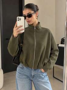 Women's Solid Color Stand Collar Long Sleeve Zipper Front Casual Jacket - Army Green - View 1