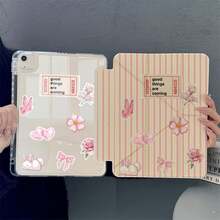 1pc Pink Striped Cute Rabbit Butterfly Flower Bow Heart Sticker Y-Fold Tablet Protective Case, With Pen Slot And Auto Sleep/Wake Function, Compatible With IPad PRO/AIR, Pad 5/6/38, Pad, MatePad, Honor Pad - Multicolor - View 2