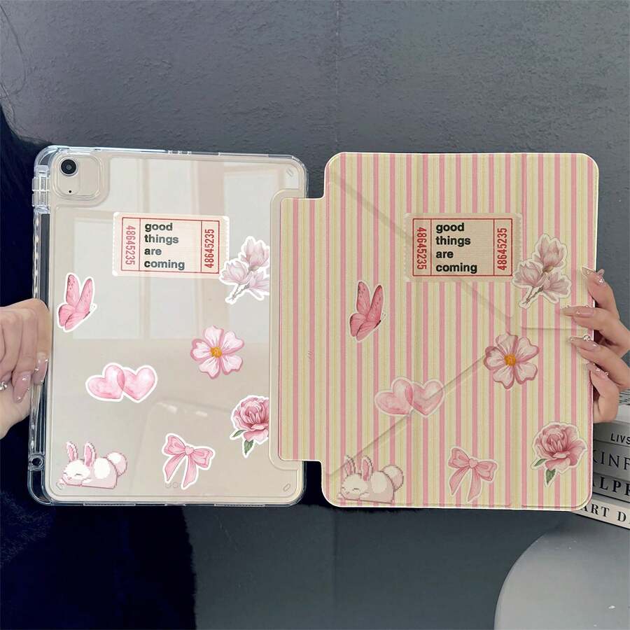1pc Pink Striped Cute Rabbit Butterfly Flower Bow Heart Sticker Y-Fold Tablet Protective Case, With Pen Slot And Auto Sleep/Wake Function, Compatible With IPad PRO/AIR, Pad 5/6/38, Pad, MatePad, Honor Pad