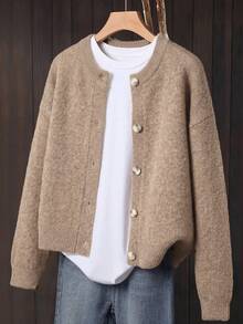 Cardigan Pullover Wanita Kasual Elegan Regular Fit Warna Polos Kancing Tunggal Lengan Panjang Leher Bulat Bahu Jatuh, Cocok untuk Kerja Kantor - Khaki - View 4